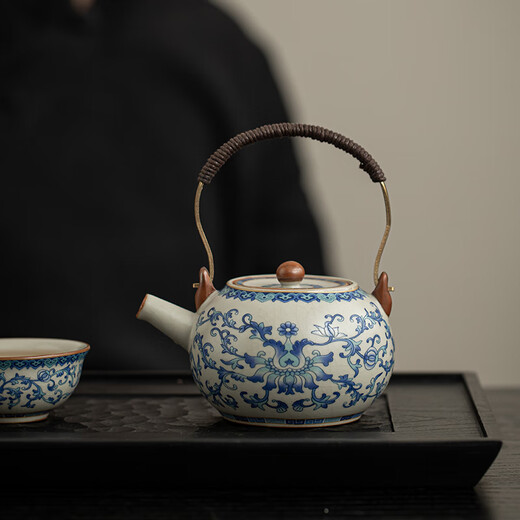 Ahli's Love Ru Kiln Kung Fu Tea Set Complete Set Souvenirs Business Gifts Father's Birthday Gifts for Men for Dad and Teacher Blue and White Lucky Twigs and Lift Pots High-end Gift Boxes Practical Housewarming Gifts for Elders and Retirement Souvenirs