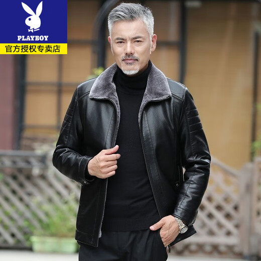 Playboy dad winter coat velvet thickened middle-aged 50-60 leather jacket 70 middle-aged and elderly men's fur all-in-one leather jacket black (button style) 4XL 195 suitable for 160-180 Jin Jin equals 0.5 kg