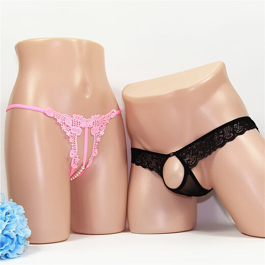 Couple's no-take-off underwear, two-person fun, women's crotch opening, men's penis exposed JJ thong, transparent and sexy, black+black, one size fits all