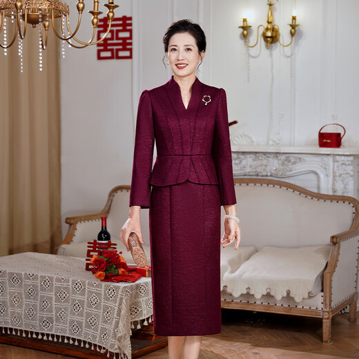 Fumini high-end mother-in-law wedding banquet evening dress fake two-piece wool dress autumn and winter wear mother's wear wedding wedding dress purple L