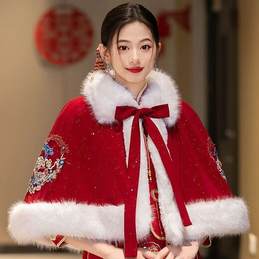 Hengyuanxiang Bridal Cloak Xiuhe Cloak Winter Wedding Cloak Chinese Short Warm Fur Collar Toast Clothes Cheongsam Jacket Burgundy