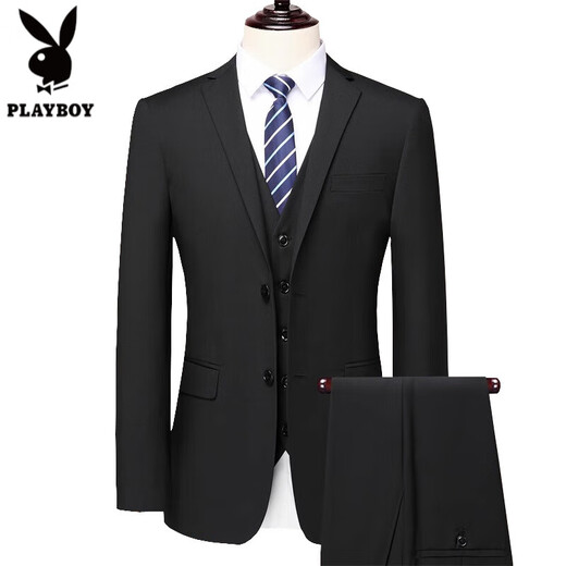 Playboy 2025 new high-end suit men's middle-aged business casual slim jacket professional suit Navy blue two-button top + pants + shirt get clothes L (suitable for 110-125Jin [Jin equals 0.5 kg])