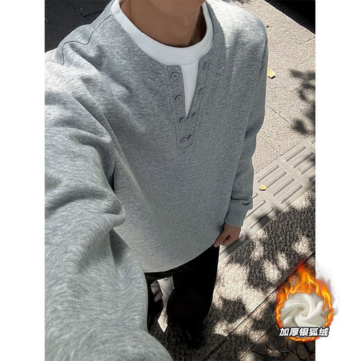 KLDPUS380g heavy fake two-piece Chinese cotton Henry collar sweatshirt men's large size 230Jin Jin is equal to 0.5kg fat man pullover long sleeve light gray plus velvet M