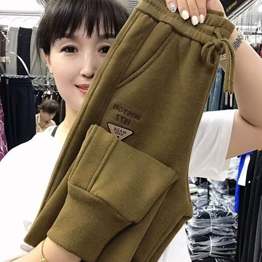 Hengyuanxiang lamb velvet sweatpants new winter style plus velvet and thickened leg casual pants for women with letter embroidery high waist versatile harem pants black 2XL (127-137Jin Jin equals 0.5 kg)