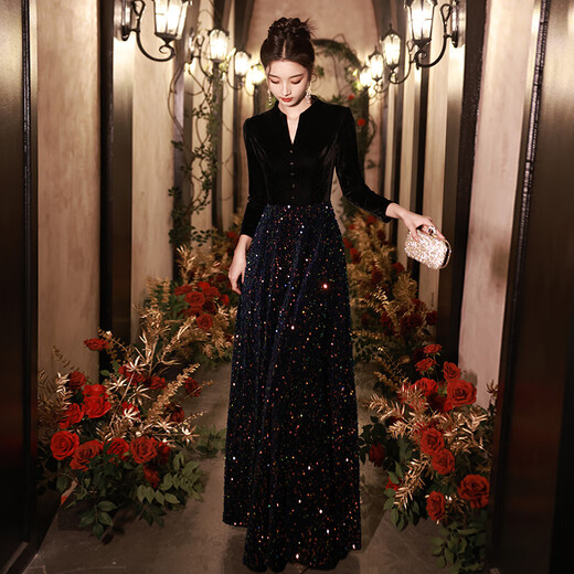 Mishid large size dress 200 Jin Jin is equal to 0.5 kg, fat mm plus fat women are slimming and belly covering long slim slim evening dress black long style XL125 Jin Jin is equal to 0.5 kg to 135 Jin Jin is equal to 0.5 kg