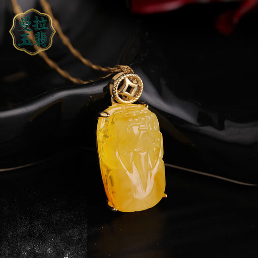 Manla Jade Pei Domineering Pixiu Natural Beeswax Pendant Pixiu Pendant Baltic Amber Silver Inlaid Jade Pendant Silver Inlaid Beeswax Free 925 Silver Chain