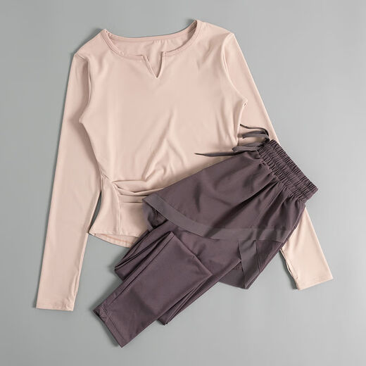 Yoga clothing women's suit autumn and winter 2024 new quick-drying running sports women's suit Pilates fitness clothing red long sleeves + purple trousers XL