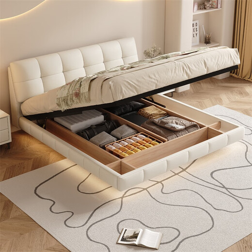 Eurasian Royal Nest Bed French Cream Style Suspended Bed Cloud Puff Bed Modern Simple Leather Master Bedroom Double Marriage Bed Single Bed (Newly Upgraded Pine Wood Frame) 1.8*2m Luxury Version丨Lighted Structure 10CM Steel Wood Rift Frame