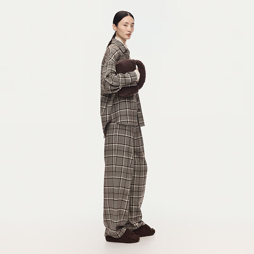 AUM Easy Suit 2025 Winter New Women's Wool Plaid Lapel Shirt Wide Leg Pants Plaid Top S