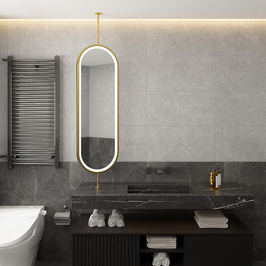 Fat Donglai's same style make-up mirror, boom, luminous, suspended sink, ceiling, rotating mirror, hotel oval bathroom, double-sided, single-sided mirror, black, non-luminous, customized up and down, 40x80 cm