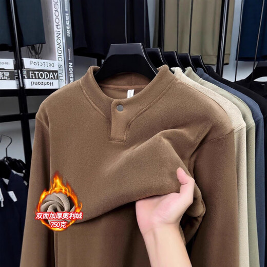 AX one-button double-sided Austrian velvet sweatshirt for men in autumn and winter new Henry collar plus velvet thickening outer wear inner top black M (recommended 95-110Jin Jin equals 0.5 kg)