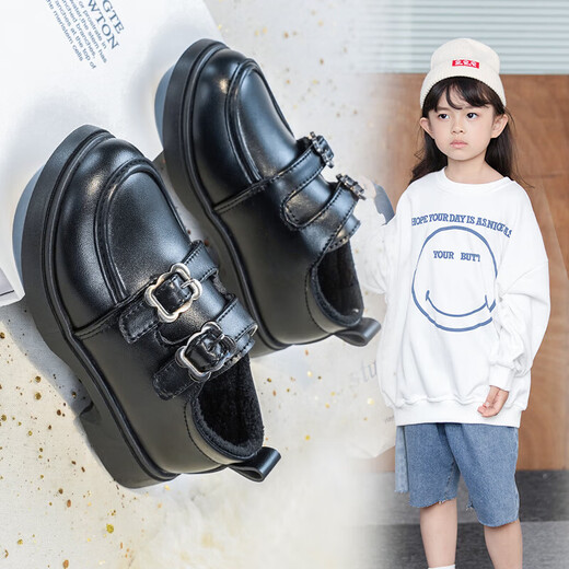 Girls' Velvet Leather Shoes 2025 Winter New Children's Princess Shoes College Style Small Single Shoes Soft Sole Black Loafers Black Velvet Size 32 Inner Length 19.6CM