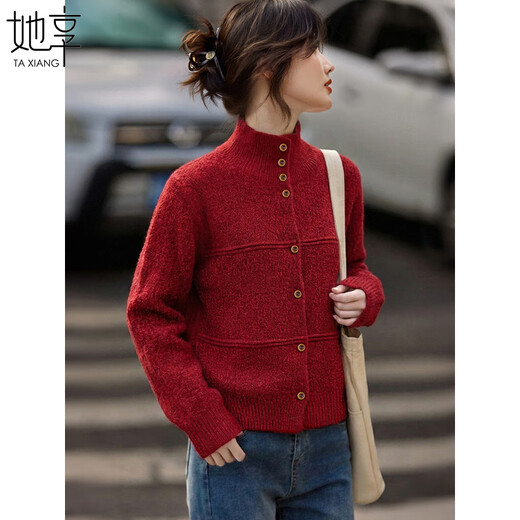 She enjoys the knitted cardigan, female stand-up collar New Year's wear, textured sweater jacket, lazy style red knitted top T54Z150