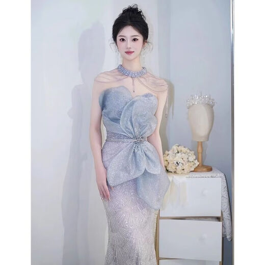 Mermaid evening dress for women 2025 new high-end engagement high-end light luxury niche French wedding toast dress light blue (no necklace) S