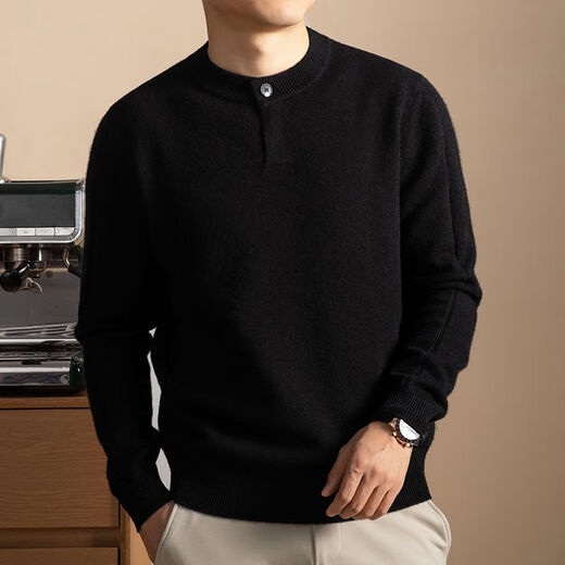 COMGM2025 new comfortable one-button Henry round neck sweater sweater simple solid color mountain sweater bottoming shirt for men black M