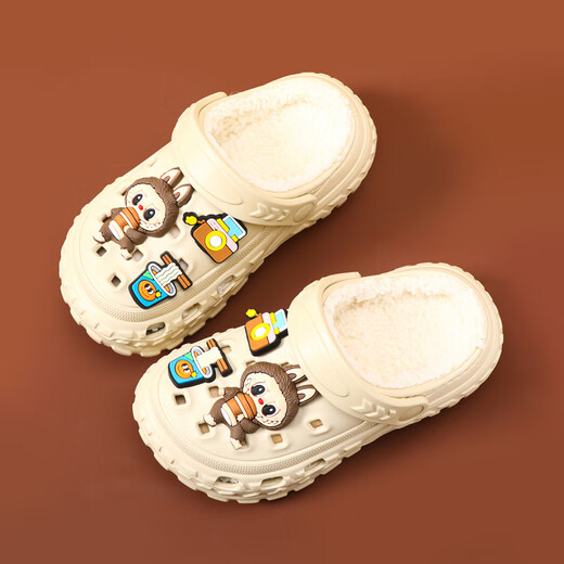 GOYN拉布布冬季加绒新款男童棉鞋居家室内防滑软底男孩宝宝儿童洞洞鞋 卡其色 24 _25