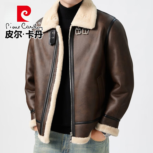 Pierre Cardin flagship store fur-integrated plus velvet leather jacket men's lamb velvet comfortable and warm jacket thickened cold-proof leather jacket for men black fur-integrated M /170