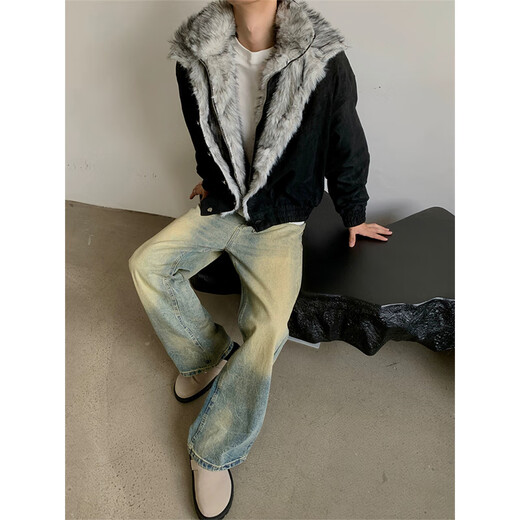 Luyal American fake two-piece Wolf Throne mountain carving cotton jacket for men in winter, warm and thickened, temperamental and warm, high-grade cotton jacket, black XL, it is recommended to take one size larger