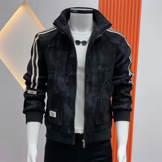 New men's jacket with retro pattern, fashion trend, versatile stand-up collar, slim and handsome casual top, autumn and winter green L (recommended 105-115Jin Jin equals 0.5kg)