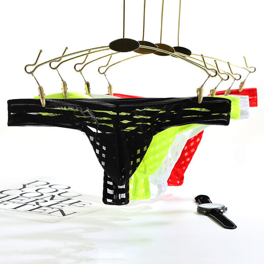 Iosn men's mesh striped thong transparent men's T-pants low-waist sexy thin mesh bag underwear for young men black
