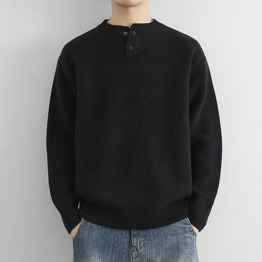 Simple Henry collar sweater for men in autumn and winter solid color old money style loose sweater, retro versatile thickened top, navy blue M100-115Jin Jin equals 0.5kg, one size fits all