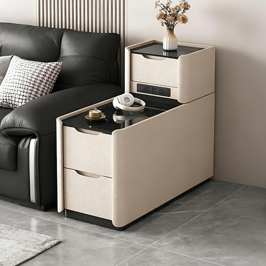 Hexuan living room sofa side cabinet multi-functional modern simple solid wood storage cabinet ultra-narrow light luxury sofa side table with socket cream color shipped in one package 30*80*85cm