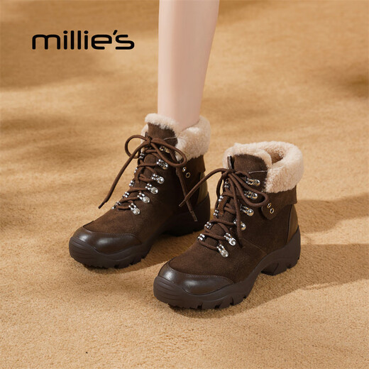 Millies genuine leather fashion plus velvet warm Martin boots for women, versatile lace-up high-top casual shoes, short boots for women, brown 37