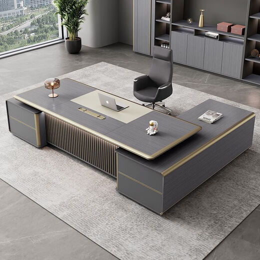 Boss desk, president, chairman desk, executive desk, manager office desk, office desk and chair combination 2000mm luxury executive desk + double side cabinets, rain fog oak-iron gray