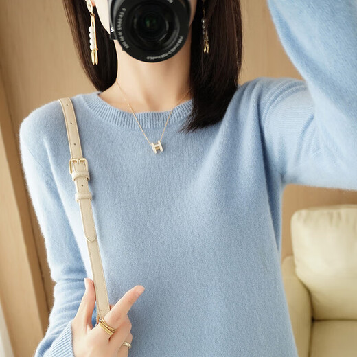 Soft and comfortable bottoming sweater for women, long-sleeved V-neck round neck pullover, sweater for women, loose top, fashion-round-neck-mint green XL 120-140Jin Jin is equal to 0.5 kg