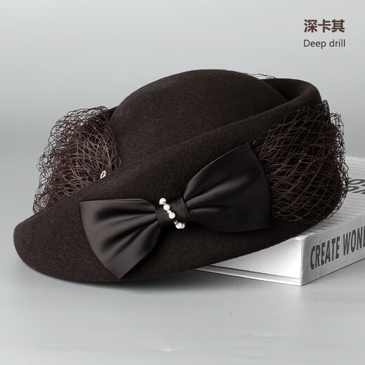Kuosheng Australian woolen fashion hat women's autumn and winter felt hat mesh evening hat bow beret black adult one size (adjustable 56-58cm)