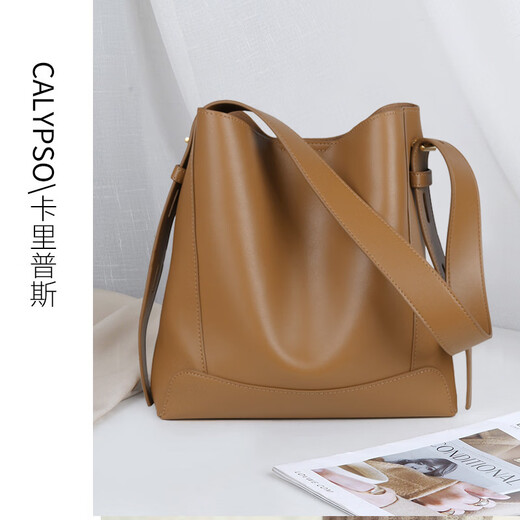 Bucket Bag Women's Large Capacity Lightweight Genuine Leather Bag 2025 New Single Shoulder Crossbody Bag Commuting Tote Senior Mom Milk Tea Brown (3 Hole Shoulder Strap)
