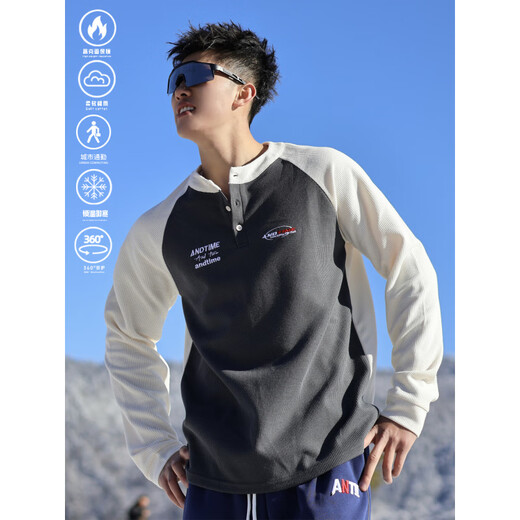 LI NING Li Ning Henry Collar Long Sleeve Antique Splicing Heavy Waffle American Casual Sports Bottoming Knitted Sweater Waffle Long Sleeve ATIME Embroidered Gray Blue M _160-170cm85-125Jin Jin is equal to 0.5 kg