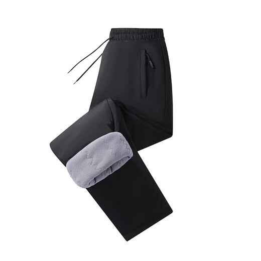 Winter large size three-layer windproof plus velvet thickened warm casual cotton pants for men and women, warm knee pads, black (flat mouth) 2XL (115-135Jin Jin equals 0.5kg)