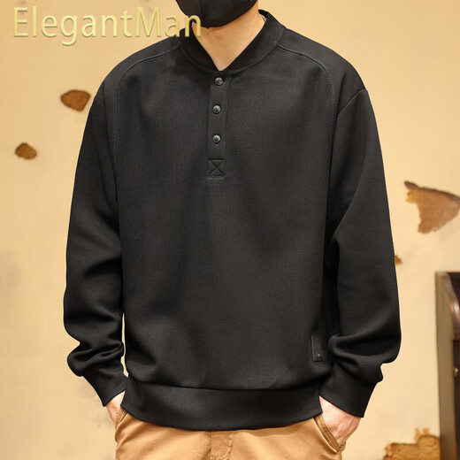 ElegantMan American retro heavyweight sweatshirt men's autumn Henry collar half cardigan coat men's autumn and winter long-sleeved POLO shirt black spring and autumn regular M _ -130Jin Jin equals 0.5 kg