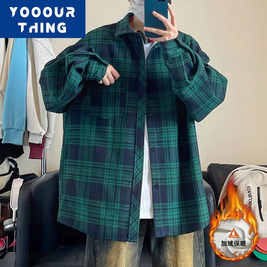 YOOOURTHING Camisa a cuadros retro americana de manga larga para hombre primavera, otoño e invierno más terciopelo engrosado pareja suelta chaqueta de camisa informal versátil CJ9735-cuadros verdes más terciopelo XL (recomendado 125-145 Jin Jin equivale a 0,5 kg)