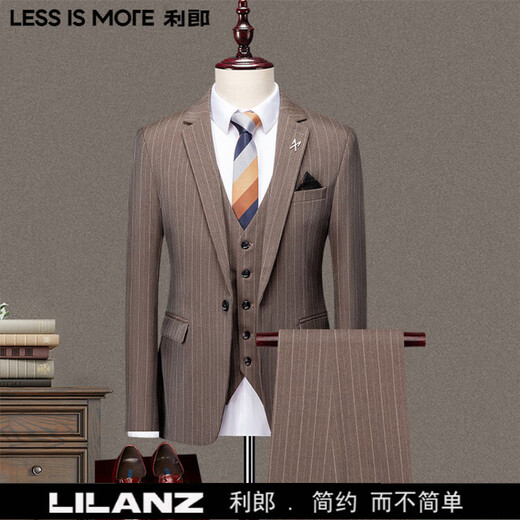 LESS IS MORE Lilang three-piece suit suit men's striped business formal wear Korean style trendy slim and handsome groom wedding dress official flagship black counter genuine M