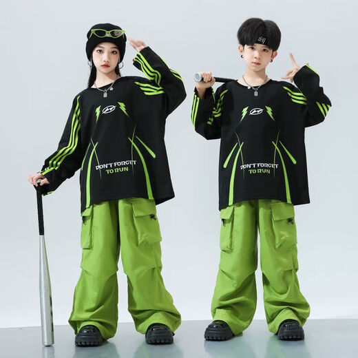 Midelei Street Dance Children's Trendy Clothing Hip-Hop Boys' Performance Clothes New Year's Day Clothes Spring Autumn and Winter Loose Girls' Games Class Clothes Performance A565 Black and Green Sweater + 976 Fluorescent Green Pants + LH Headband 110