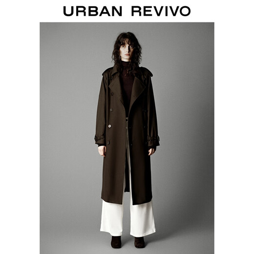 UR2025 new autumn women's amber streamer style double-breasted belt windbreaker UWM150099+ coffee brown XS
