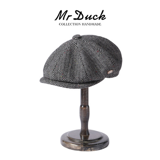 Mr DUCK Prussia winter octagonal beret handmade woolen men's herringbone literary intellectual newsboy cap herringbone dark gray (thick and warm)-MW56165 L (suitable for 58-59cm head circumference)