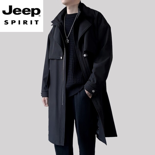 JEEP SPIRIT High-End Mid-Length Windbreaker Men's Stand Collar Cape Coat 2025 Autumn New Fashion Casual Jacket Men's 104 Black XL 126-140Jin Jin is equal to 0.5 kg