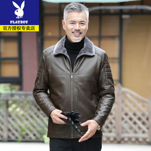 Playboy dad winter coat velvet thickened middle-aged 50-60 leather jacket 70 middle-aged and elderly men's fur all-in-one leather jacket black (button style) 4XL 195 suitable for 160-180 Jin Jin equals 0.5 kg