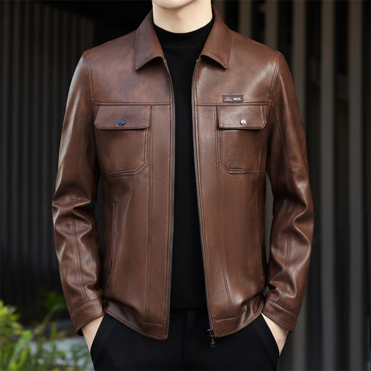 FUGUINIAO leather jacket men's 2025 autumn and winter new cotton warm motorcycle jacket casual leather jacket for men brown red L