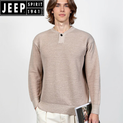 JEEP SPIRIT autumn and winter retro lazy style Henry collar sweater men's loose casual versatile knitted bottoming shirt thickened warm top camel S