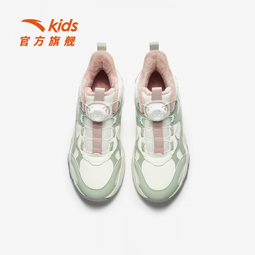 ANTA Children's Cotton Shoes for Big Girls and Little Elephant Shoes 2025 Autumn and Winter New Product Velvet Velcro High Top Snow Boots Ivory White/Hydrogen Oxygen Green/Rubber Powder-1 35