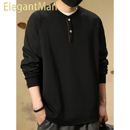 ElegantMan Autumn and Winter American Henry Collar Sweatshirt Men's 2025 Autumn New Retro Loose Top Men's Casual Bottoming Shirt Trendy Black M_ -130Jin Jin is equal to 0.5 kg