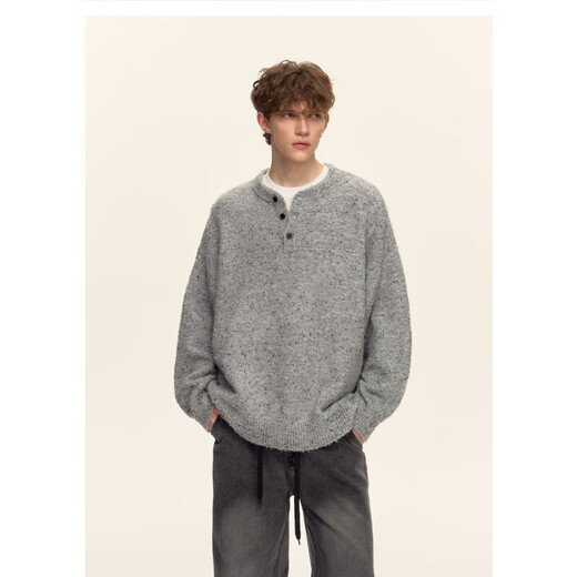 Elos Castle American Heavy Henley Collar Sweater Men's Autumn and Winter New Thick Fashion Brand Sweater Loose Warm Pullover Sweater Gray M