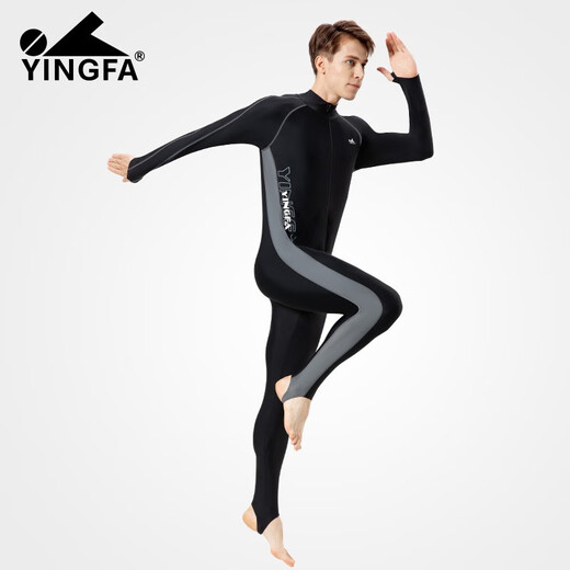 Yingfa swimsuit men's one-piece long-sleeved trousers sun protection warm surfing wetsuit seaside outdoor swimming jellyfish suit black/grey XL