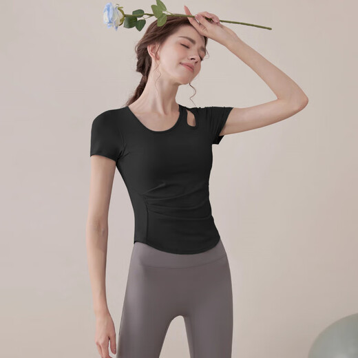 Nude-feeling, skin-friendly spring new style sports fitness Pilates yoga wear with chest pad, short-sleeved top, skin-feeling T-shirt, shell pink short-sleeved XL