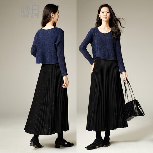 Late White 2025 Winter Premium Casual Sweater Temperament Loose Round Neck Wool Solid Color Sweater Women Dark Blue L