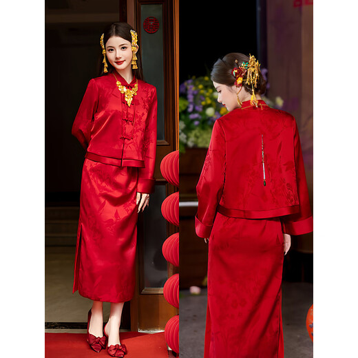 Vimadtly New Chinese Toast Wear Bride 2025 New Style Temperament Engagement Dress Suit Morning Robe Home Banquet Slim Wine Red XS